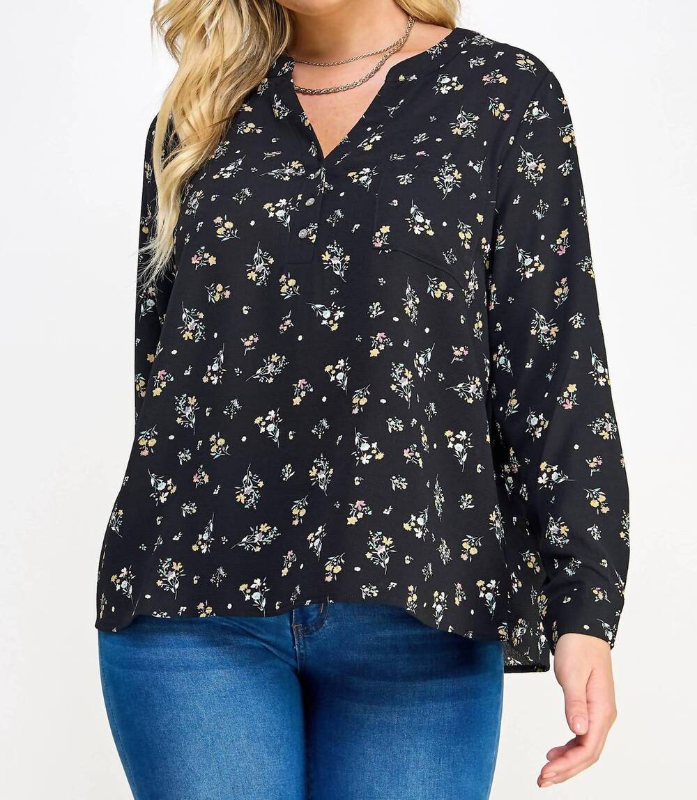 NEW HAUTE FOX floral print pop-over blouse in black